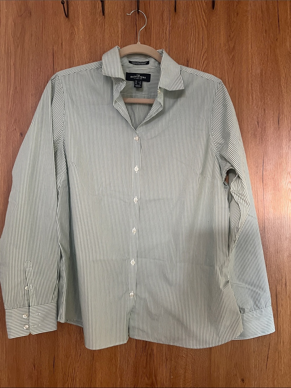 Lands' End Women's Green and White Striped Button-Down Shirt